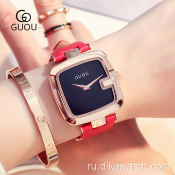 2021 Новый GUOU 8190 Женские часы Square Watchwrist Trend Простые кожаные кварцевые женские часы